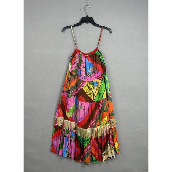 Farm Rio Dresses & Skirts - Farm Rio Dress Womens Large Bright Palila Fringed Midi Tropical Boho Beaded Loud
